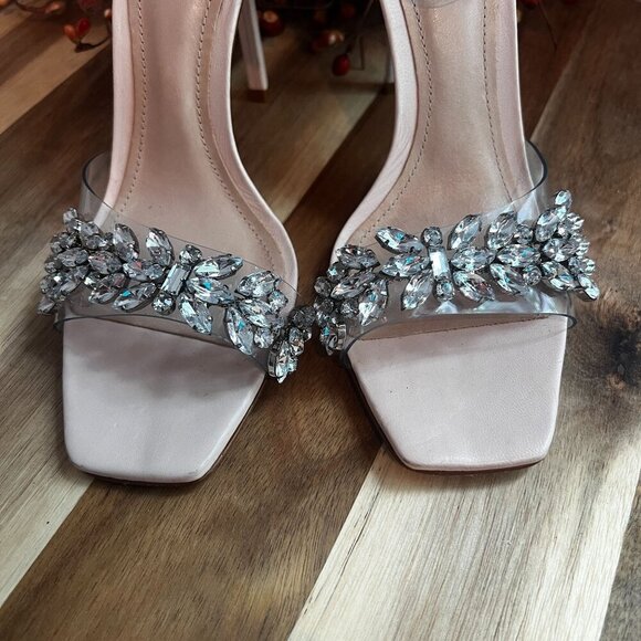 Schutz Vinyl Crystal-Embellished Stiletto Heel Sandal Sz 7.5B Mild Rose Ankle - Picture 3 of 14